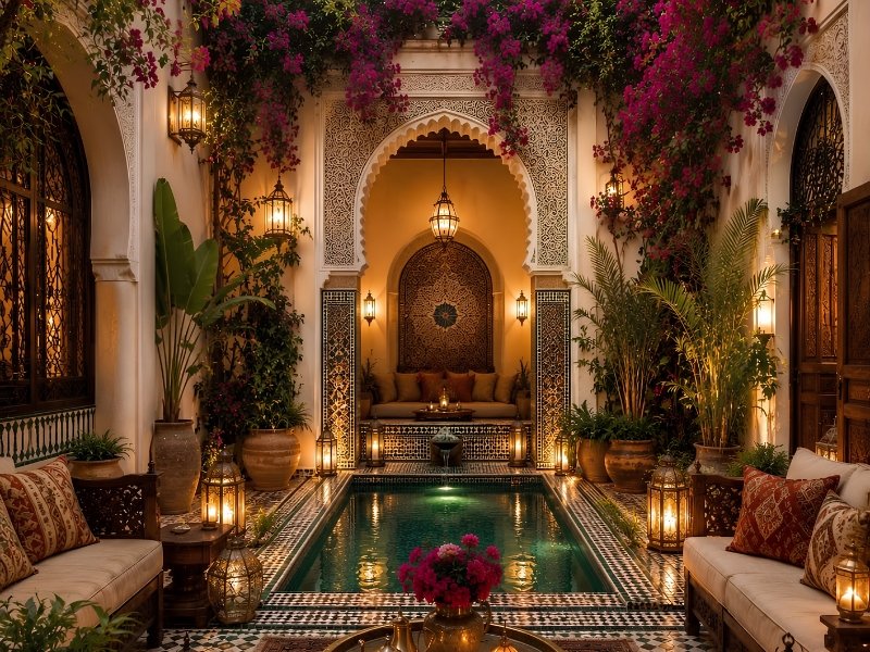 Traditional riad courtyard with a central fountain