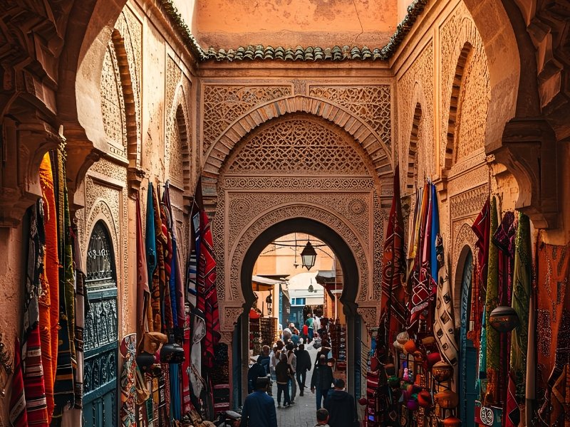 Colorful textiles hanging in a Marrakech souk