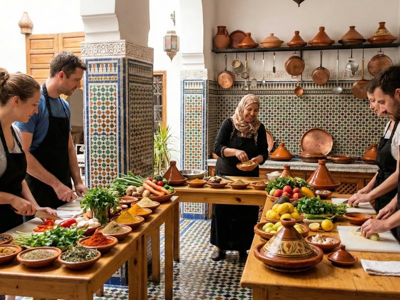 A traditional Moroccan clay tagine simmering on a burner filled with fresh herbs and aromatic spices
