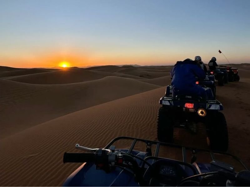 A camel caravan traversing the majestic golden dunes of the Sahara Desert in Merzouga during a warm sunset