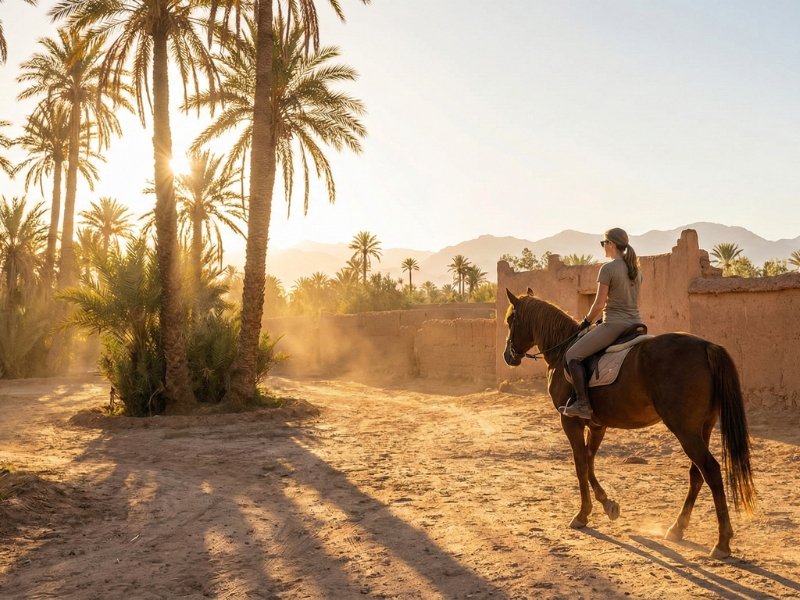 A traveler enjoying a peaceful guided horse ride through rural landscapes just outside Marrakech