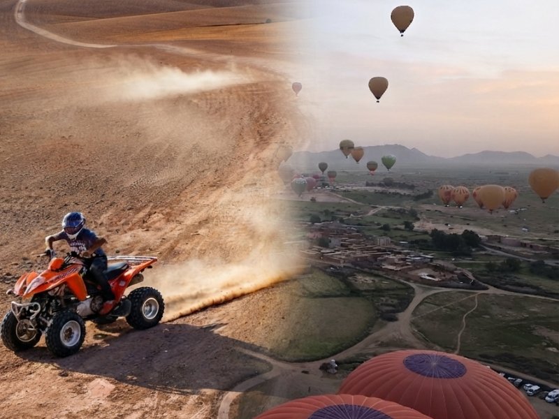 Colorful hot air balloons floating gracefully above the Marrakech palm groves at dawn